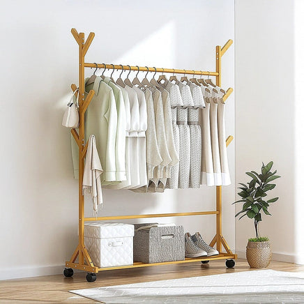 Portable Clothes Rack Coat Garment Stand Bamboo Rail Hanger Airer Closet Home & Garden Kings Warehouse
