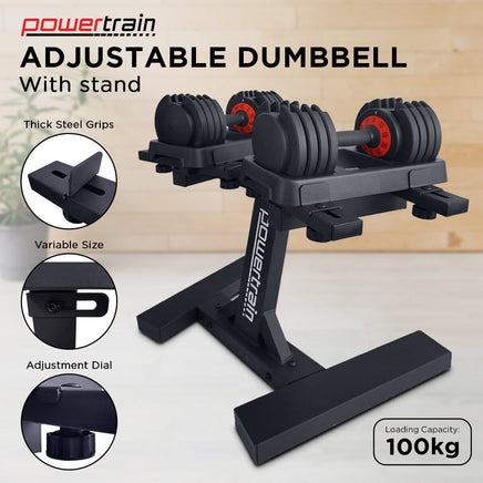 Powertrain GEN2 Pro Adjustable Dumbbell Set - 2 x 25kg (50kg) Home Gym Weights with Stand Kings Warehouse
