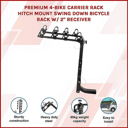 Premium 4-Bike Carrier Rack Hitch Mount Swing Down Bicycle Rack W/ 2" Receiver Outdoor Recreation Kings Warehouse