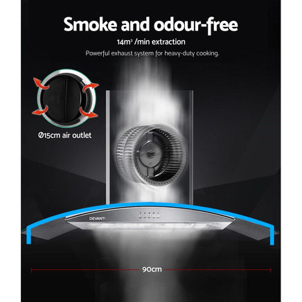 Range Hood 900mm Rangehood Kitchen Stainless Glass Canopy 90cm Early Christmas Sale Kings Warehouse