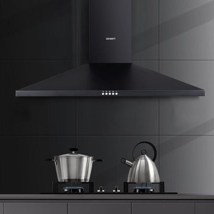 Range Hood Rangehood 90cm 900mm Kitchen Canopy LED Light Wall Mount Black Appliances Stocktake Sale Kings Warehouse