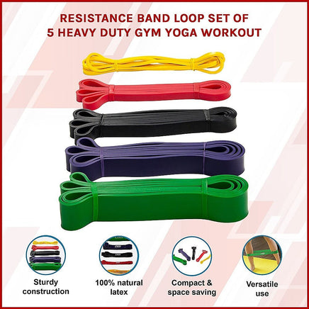 Resistance Band Loop Set of 5 Heavy Duty Gym Yoga Workout Sports & Fitness Kings Warehouse