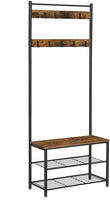 Rustic Brown Coat Rack Stand with Hallway Shoe Rack and Bench with Shelves Matte Metal Frame Height 175 cm Furniture Kings Warehouse