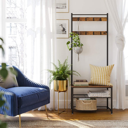 Rustic Brown Coat Rack Stand with Hallway Shoe Rack and Bench with Shelves Matte Metal Frame Height 175 cm Furniture Kings Warehouse