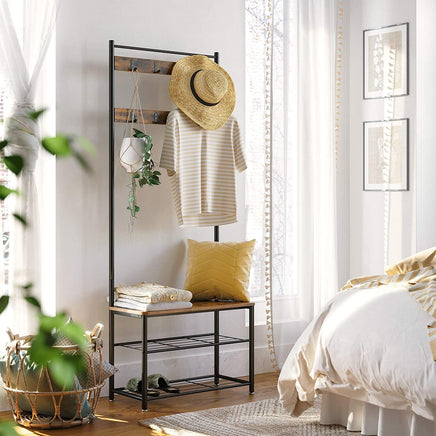 Rustic Brown Coat Rack Stand with Hallway Shoe Rack and Bench with Shelves Matte Metal Frame Height 175 cm Furniture Kings Warehouse