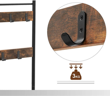 Rustic Brown Coat Rack Stand with Hallway Shoe Rack and Bench with Shelves Matte Metal Frame Height 175 cm Furniture Kings Warehouse