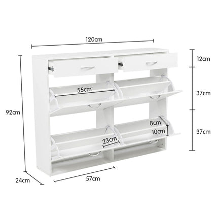 Sarantino 24 Pairs Shoe Cabinet Storage White Drawers Chest 1200 x 240 x 920 in White Furniture Kings Warehouse