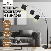 Sarantino 3-Light Arc Floor Lamp Adjustable Black 3 Shades Kings Warehouse