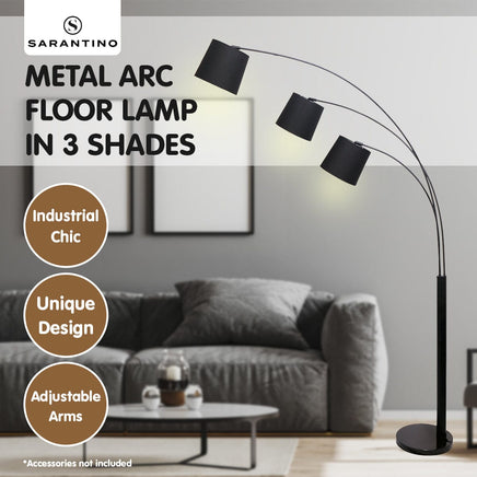 Sarantino 3-Light Arc Floor Lamp Adjustable Black 3 Shades Kings Warehouse