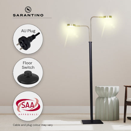 Sarantino LED Metal Floor Lamp with 2 Lights in Brushed Gold and Black Finish Kings Warehouse