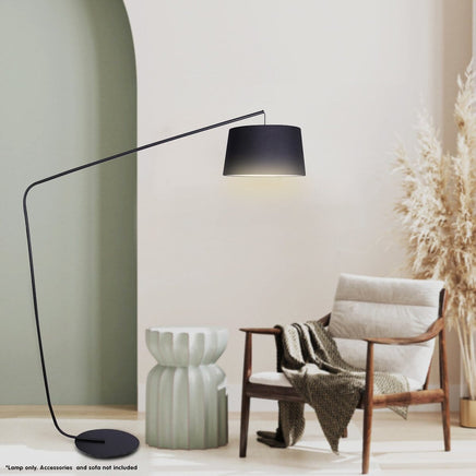 Sarantino Metal Arc Floor Lamp in Black Finish with Linen Taper Shade Kings Warehouse