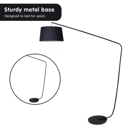 Sarantino Metal Arc Floor Lamp in Black Finish with Linen Taper Shade Kings Warehouse