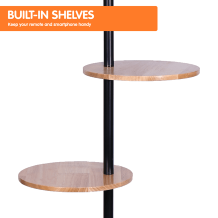 Sarantino Metal Floor Lamp Shade with Black Post in Round Wood Shelves Kings Warehouse