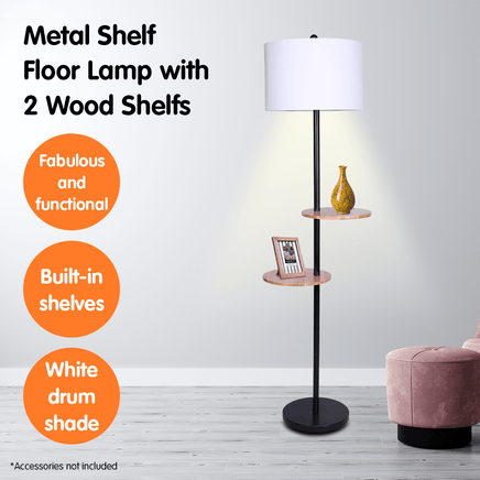 Sarantino Metal Floor Lamp Shade with Black Post in Round Wood Shelves Kings Warehouse