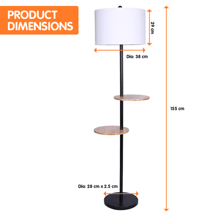 Sarantino Metal Floor Lamp Shade with Black Post in Round Wood Shelves Kings Warehouse