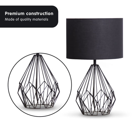 Sarantino Metal Wire Table Lamp in Black Finish With Black Drum Shade Kings Warehouse