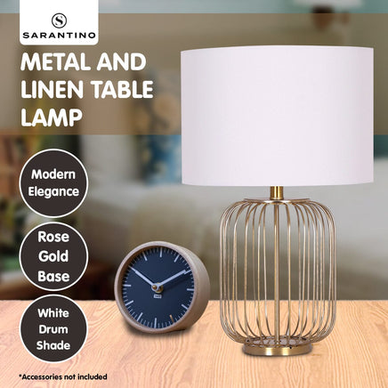 Sarantino Rose Gold Table Lamp with Linen Drum Shade Kings Warehouse