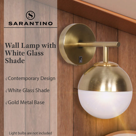 Sarantino Wall Lamp with Gold Metal Base and White Glass Shade Kings Warehouse