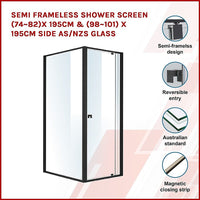 Semi Frameless Shower Screen (74~82)x 195cm & (98~101)x 195cm Side AS/NZS Glass Kings Warehouse