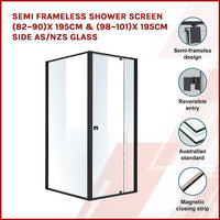 Semi Frameless Shower Screen (82~90)x 195cm & (98~101)x 195cm Side AS/NZS Glass Kings Warehouse