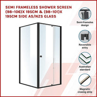 Semi Frameless Shower Screen (98~106)x 195cm & (98~101)x 195cm Side AS/NZS Glass Kings Warehouse