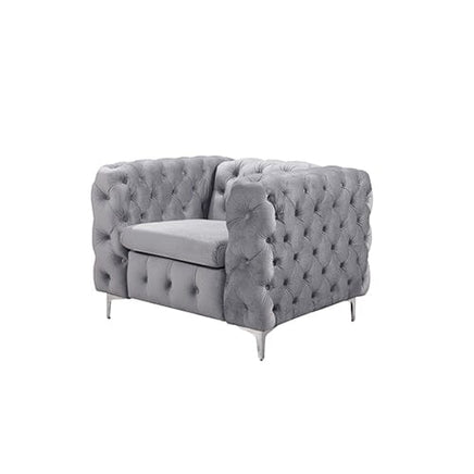 Single Seater Grey Sofa Classic Armchair Button Tufted in Velvet Fabric with Metal Legs Furniture Kings Warehouse