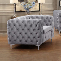 Single Seater Grey Sofa Classic Armchair Button Tufted in Velvet Fabric with Metal Legs Furniture Kings Warehouse