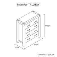 Tallboy with 4 Storage Drawers Solid Wooden Assembled in Oak Colour Furniture Kings Warehouse