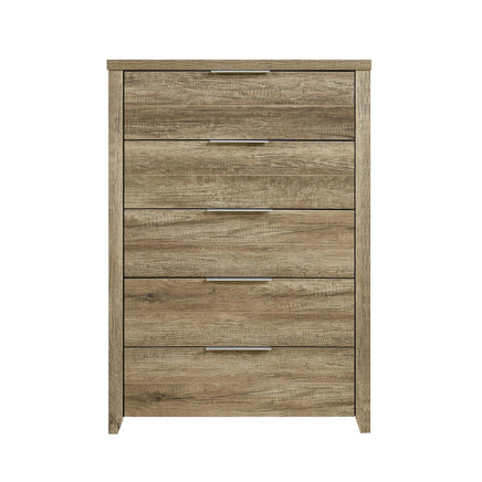 Tallboy with 5 Storage Drawers Natural Wood like MDF in Oak Colour Furniture Kings Warehouse