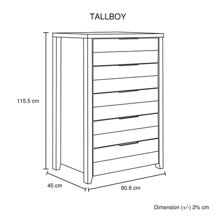 Tallboy with 5 Storage Drawers Natural Wood like MDF in Oak Colour Furniture Kings Warehouse
