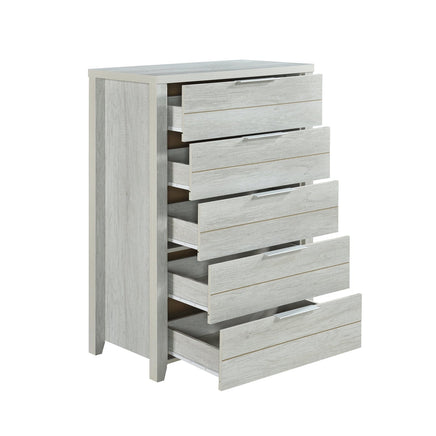 Tallboy with 5 Storage Drawers Natural Wood like MDF in White Ash Colour Furniture Kings Warehouse