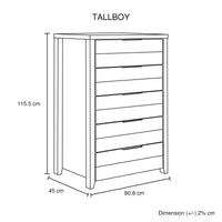 Tallboy with 5 Storage Drawers Natural Wood like MDF in White Ash Colour Furniture Kings Warehouse