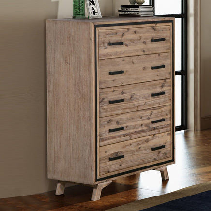 Tallboy with 5 Storage Drawers Solid Acacia Wooden Frame in Silver Brush Colour Furniture Kings Warehouse