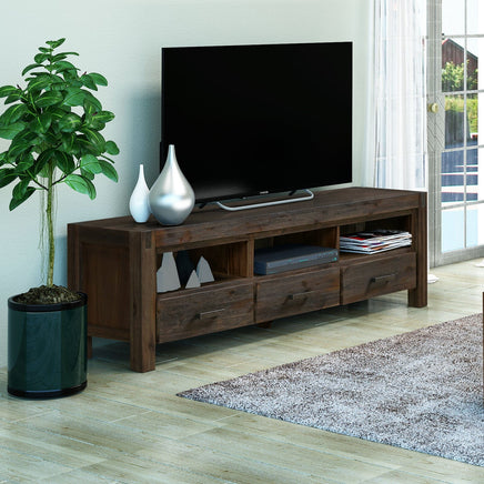 TV Cabinet with 3 Storage Drawers with Shelf Solid Acacia Wooden Frame Entertainment Unit in Chocolate Colour Furniture Kings Warehouse