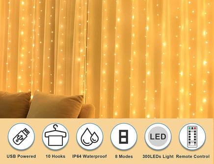USB Powered 300 LED Curtain String Light with 8 Modes and Remote Control for Bedroom Party Wedding Decorations Kings Warehouse