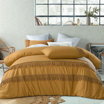 Vintage Design Homewares Boho Ochre Cotton Tassel Quilt Cover Set King Home & Garden Kings Warehouse