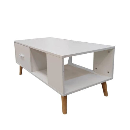 White Coffee Table Storage Drawer & Open Shelf With Wooden Legs Furniture Kings Warehouse