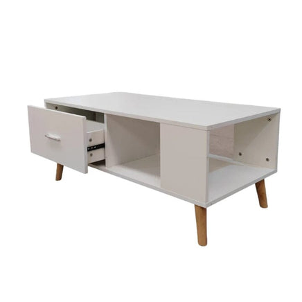 White Coffee Table Storage Drawer & Open Shelf With Wooden Legs Furniture Kings Warehouse