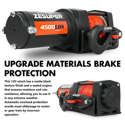 ZESUPER 12V Winch 4500LBS Electric Winch ATV Winch Synthetic Rope BOAT Trailer Auto Accessories Kings Warehouse