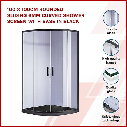 100 x 100cm Rounded Sliding 6mm Curved Shower Screen with Base in Black Kings Warehouse