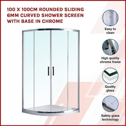 100 x 100cm Rounded Sliding 6mm Curved Shower Screen with Base in Chrome Kings Warehouse