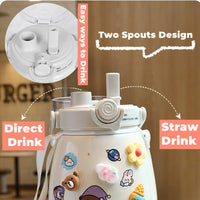 1000ml Large Water Bottle Stainless Steel Straw Water Jug with FREE Sticker Packs (White) Kings Warehouse