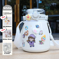 1000ml Large Water Bottle Stainless Steel Straw Water Jug with FREE Sticker Packs (White) Kings Warehouse