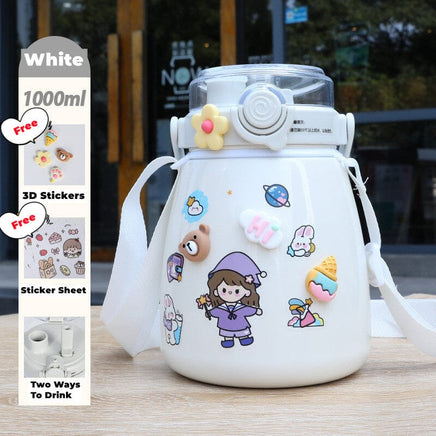 1000ml Large Water Bottle Stainless Steel Straw Water Jug with FREE Sticker Packs (White) Kings Warehouse