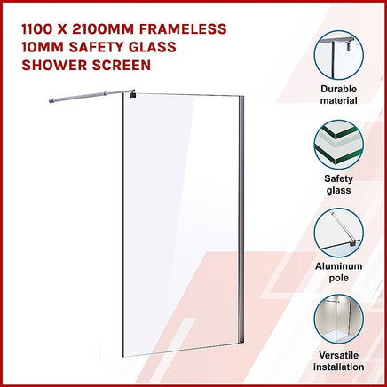1100 x 2100mm Frameless 10mm Safety Glass Shower Screen Kings Warehouse