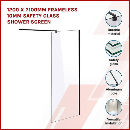 1100 x 2100mm Frameless 10mm Safety Glass Shower Screen Kings Warehouse