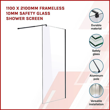 1100 x 2100mm Frameless 10mm Safety Glass Shower Screen Kings Warehouse