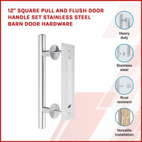 12" Square Pull and Flush Door Handle Set Stainless Steel Barn Door Hardware Kings Warehouse 