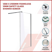 1200 x 2100mm Frameless 10mm Safety Glass Shower Screen Kings Warehouse