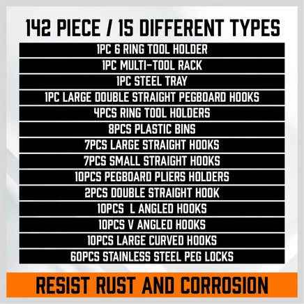 142Pc Pegboard Hooks Set Peg board Hanger Assortment Storage Trays Organizer Bin Kings Warehouse